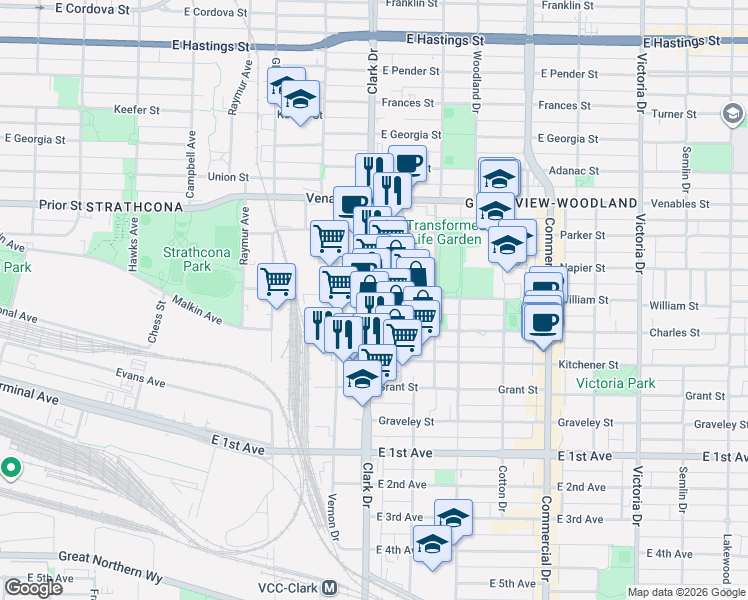 map of restaurants, bars, coffee shops, grocery stores, and more near 1310 William Street in Vancouver