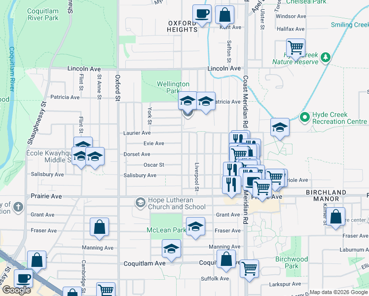 map of restaurants, bars, coffee shops, grocery stores, and more near 3436 Wellington Street in Port Coquitlam