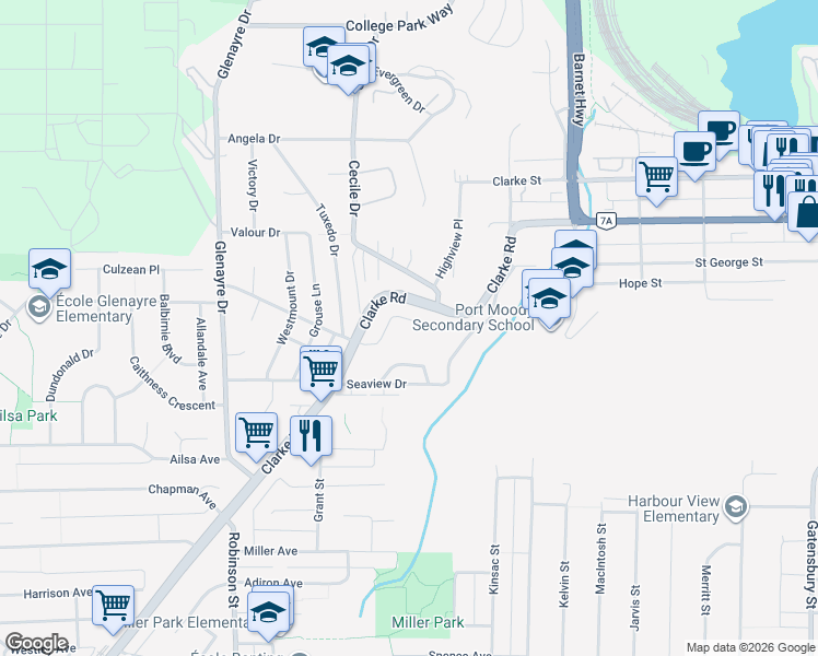 map of restaurants, bars, coffee shops, grocery stores, and more near 36 Mount Royal Drive in Port Moody