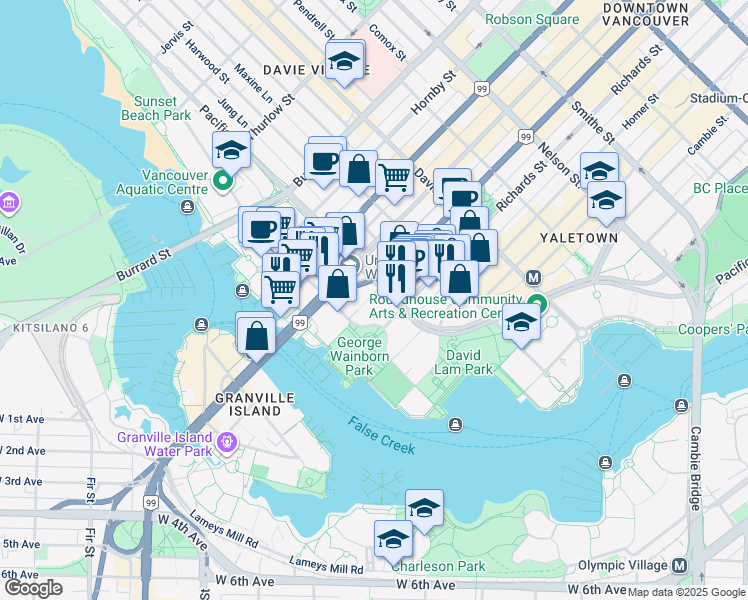 map of restaurants, bars, coffee shops, grocery stores, and more near 1807-550 Pacific Street in Vancouver