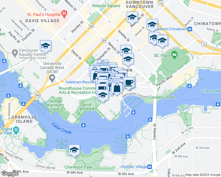 map of restaurants, bars, coffee shops, grocery stores, and more near 1201 Pacific Boulevard in Vancouver