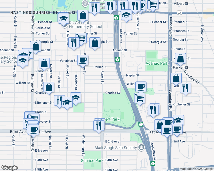 map of restaurants, bars, coffee shops, grocery stores, and more near 3318 William Street in Vancouver
