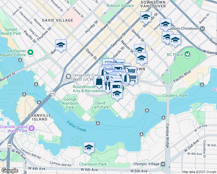 map of restaurants, bars, coffee shops, grocery stores, and more near 289 Drake Street in Vancouver