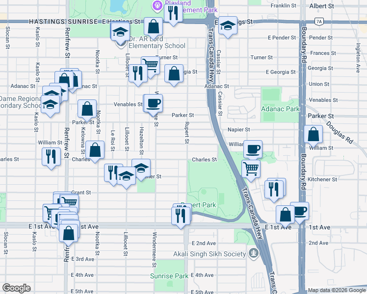 map of restaurants, bars, coffee shops, grocery stores, and more near 1233 Rupert Street in Vancouver