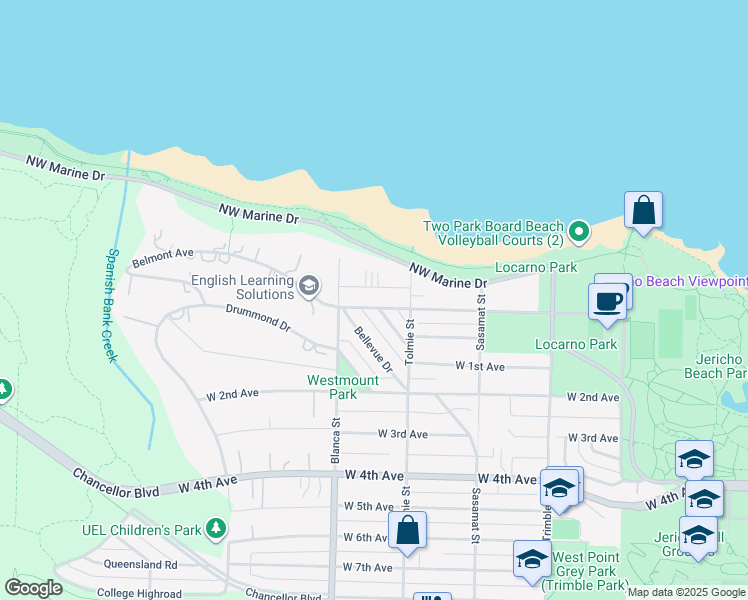map of restaurants, bars, coffee shops, grocery stores, and more near 4651 Belmont Avenue in Vancouver