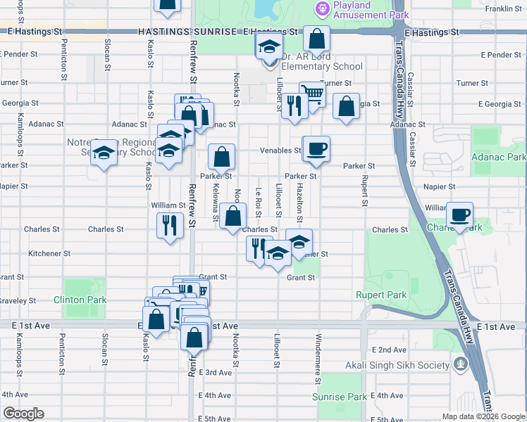 map of restaurants, bars, coffee shops, grocery stores, and more near 1238 Le Roi Street in Vancouver