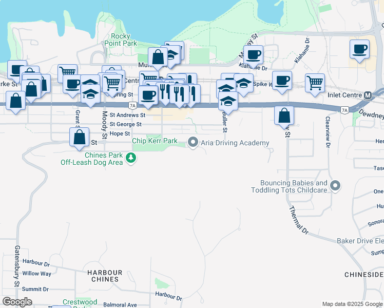 map of restaurants, bars, coffee shops, grocery stores, and more near 3099 Terravista Place in Port Moody