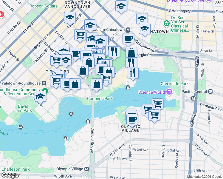 map of restaurants, bars, coffee shops, grocery stores, and more near 8 Smithe Mews in Vancouver