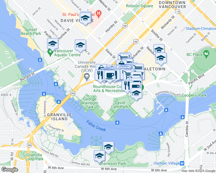 map of restaurants, bars, coffee shops, grocery stores, and more near 1331 Homer Street in Vancouver