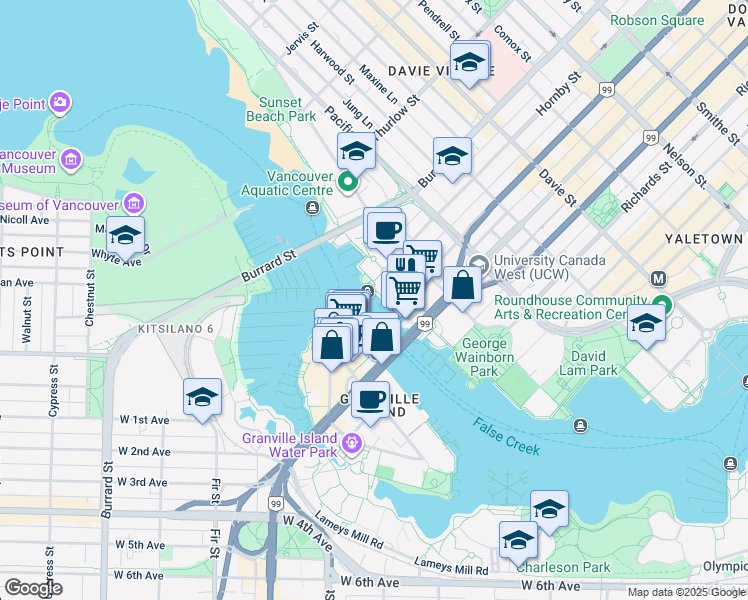 map of restaurants, bars, coffee shops, grocery stores, and more near 1661 Granville Street in Vancouver