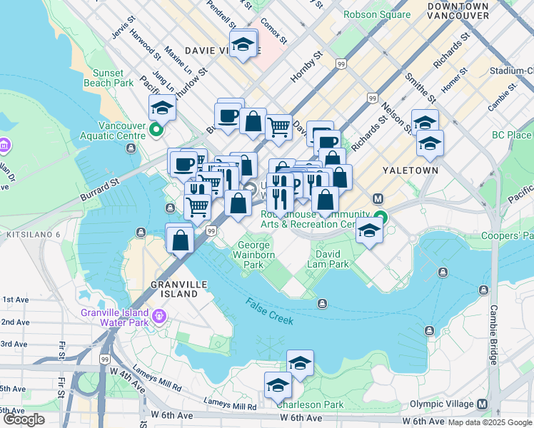 map of restaurants, bars, coffee shops, grocery stores, and more near 550 Pacific Street in Vancouver