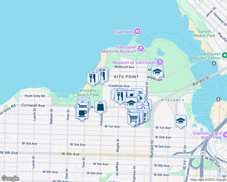 map of restaurants, bars, coffee shops, grocery stores, and more near 1346 Laburnum Street in Vancouver