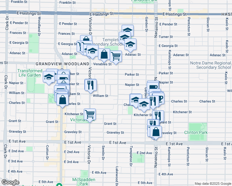 map of restaurants, bars, coffee shops, grocery stores, and more near 1171 Lakewood Drive in Vancouver
