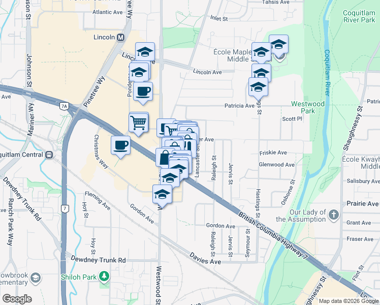 map of restaurants, bars, coffee shops, grocery stores, and more near 2755 Lougheed Highway in Port Coquitlam