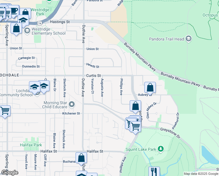 map of restaurants, bars, coffee shops, grocery stores, and more near 1141 Marsden Court in Burnaby