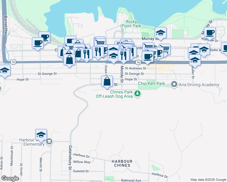 map of restaurants, bars, coffee shops, grocery stores, and more near 2713 Jane Street in Port Moody