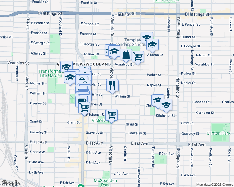 map of restaurants, bars, coffee shops, grocery stores, and more near 1149 Lily Street in Vancouver