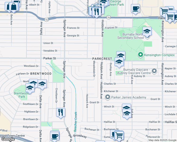 map of restaurants, bars, coffee shops, grocery stores, and more near 5533 Brookdale Court in Burnaby