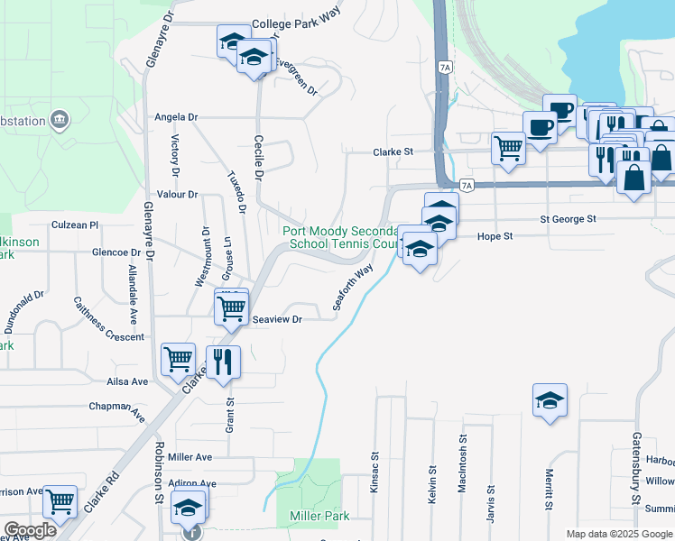 map of restaurants, bars, coffee shops, grocery stores, and more near 17 Mount Royal Drive in Port Moody