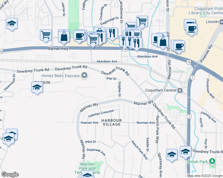 map of restaurants, bars, coffee shops, grocery stores, and more near 3213 Bosun Place in Coquitlam