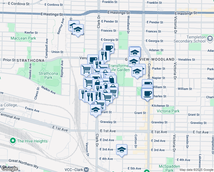 map of restaurants, bars, coffee shops, grocery stores, and more near Odlum Drive in Vancouver