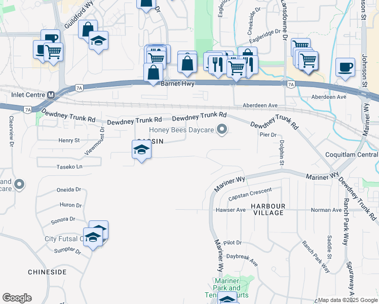 map of restaurants, bars, coffee shops, grocery stores, and more near 1031 Buoy Drive in Coquitlam