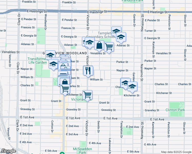 map of restaurants, bars, coffee shops, grocery stores, and more near 1150 Lily Street in Vancouver