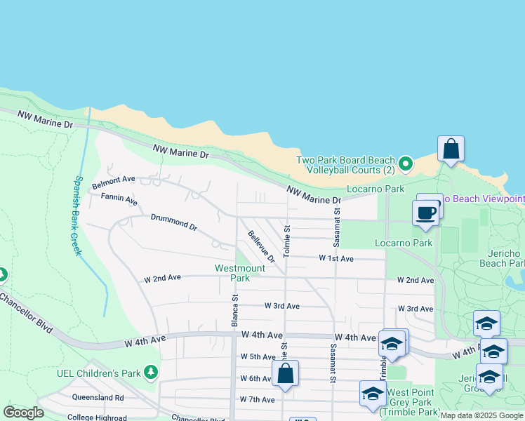 map of restaurants, bars, coffee shops, grocery stores, and more near 4651 Belmont Avenue in Vancouver