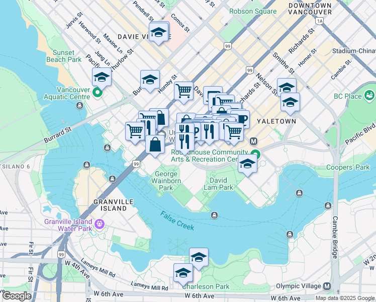 map of restaurants, bars, coffee shops, grocery stores, and more near 501 Pacific Street in Vancouver