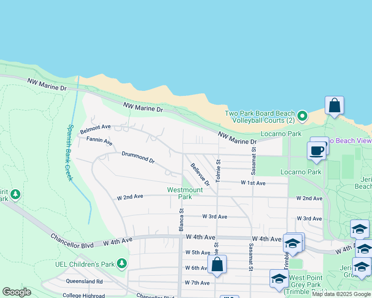 map of restaurants, bars, coffee shops, grocery stores, and more near 1550 Blanca Street in Vancouver