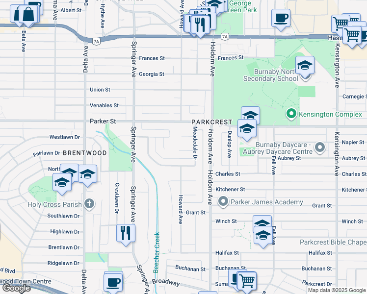 map of restaurants, bars, coffee shops, grocery stores, and more near 5533 Brookdale Court in Burnaby
