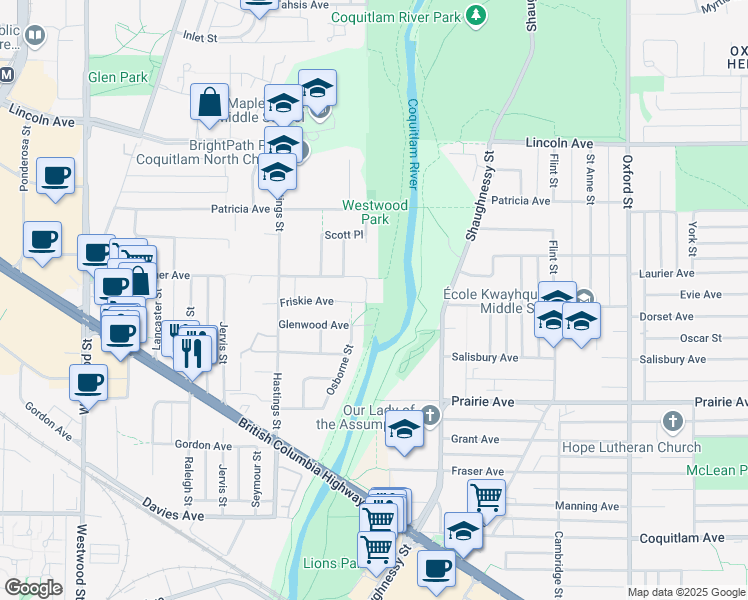 map of restaurants, bars, coffee shops, grocery stores, and more near 3472 Lafleur Street in Port Coquitlam