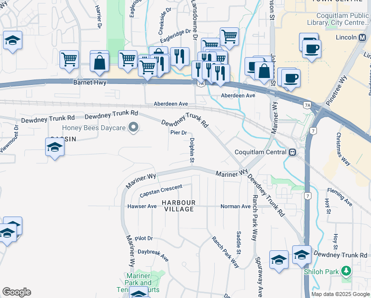 map of restaurants, bars, coffee shops, grocery stores, and more near 3221 Bosun Place in Coquitlam