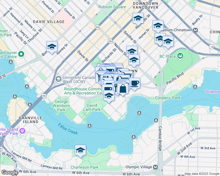 map of restaurants, bars, coffee shops, grocery stores, and more near 1213 Pacific Boulevard in Vancouver