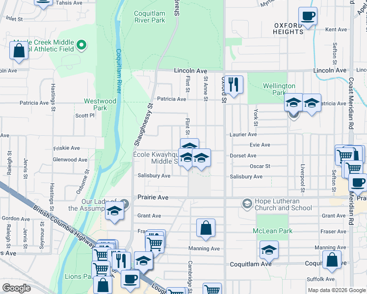 map of restaurants, bars, coffee shops, grocery stores, and more near 3363 Flint Street in Port Coquitlam