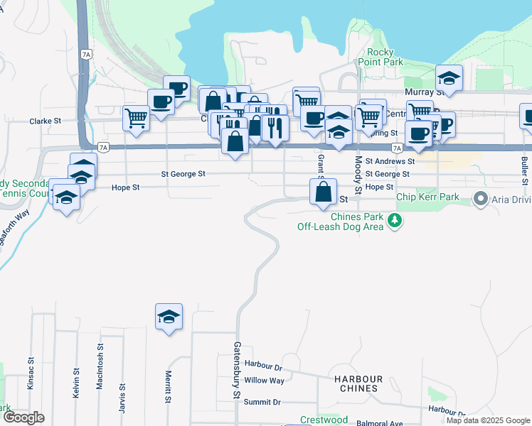 map of restaurants, bars, coffee shops, grocery stores, and more near 4 Noble Court in Port Moody