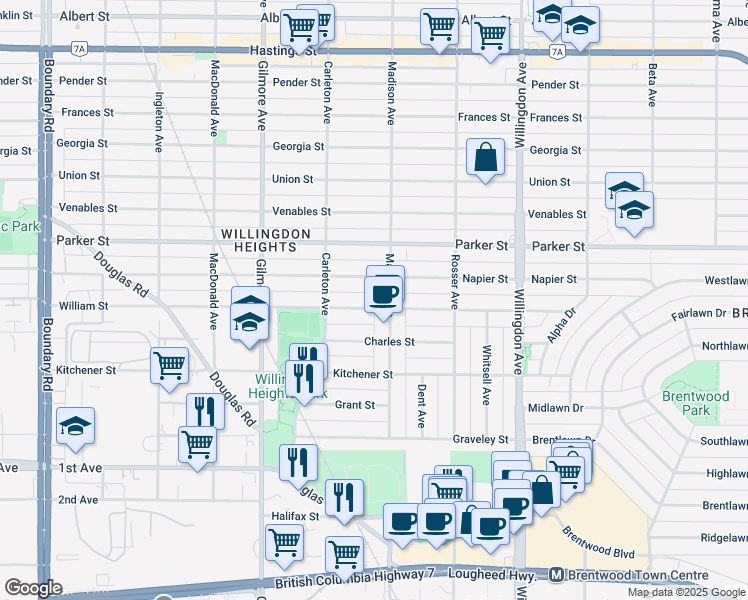 map of restaurants, bars, coffee shops, grocery stores, and more near 4279 William Street in Burnaby
