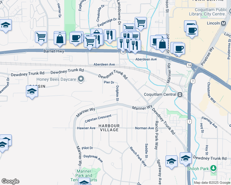 map of restaurants, bars, coffee shops, grocery stores, and more near 3225 Bosun Place in Coquitlam