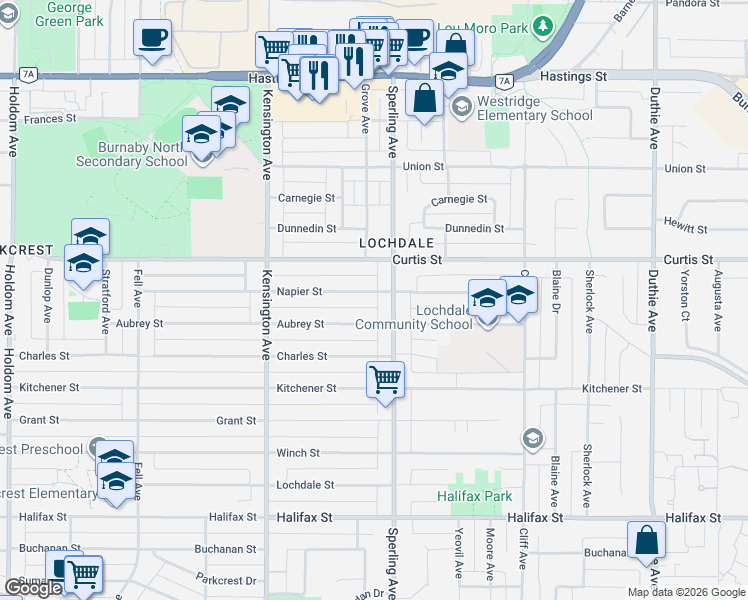 map of restaurants, bars, coffee shops, grocery stores, and more near 6692 Napier Street in Burnaby