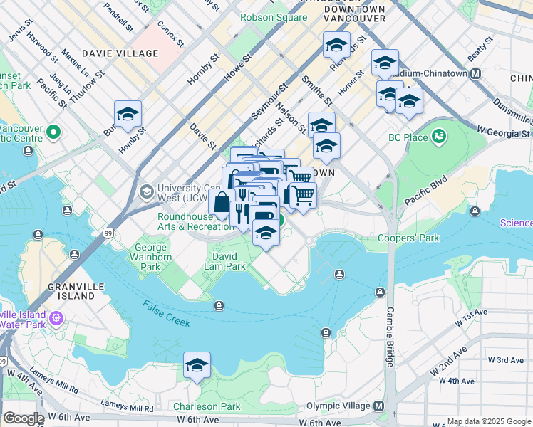 map of restaurants, bars, coffee shops, grocery stores, and more near 212 Davie Street in Vancouver