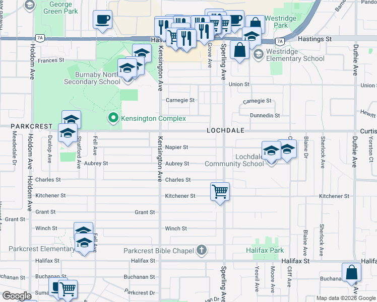 map of restaurants, bars, coffee shops, grocery stores, and more near 6590 Napier Street in Burnaby