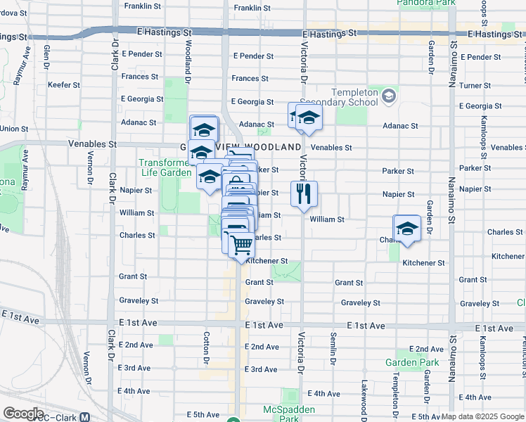 map of restaurants, bars, coffee shops, grocery stores, and more near in Vancouver