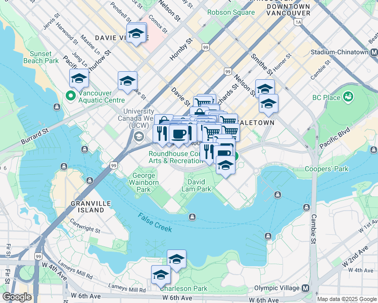 map of restaurants, bars, coffee shops, grocery stores, and more near 1323 Homer Street in Vancouver