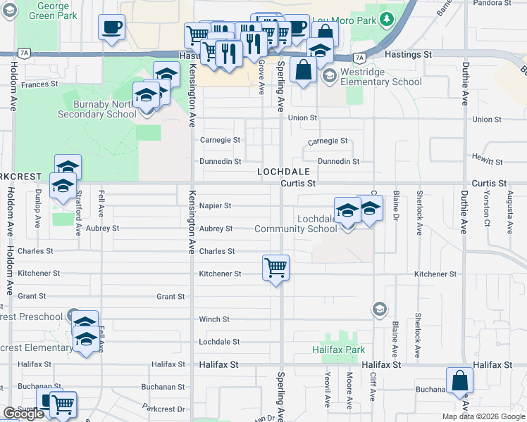 map of restaurants, bars, coffee shops, grocery stores, and more near 6682 Napier Street in Burnaby