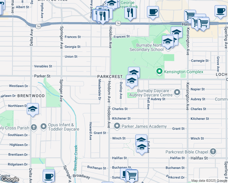 map of restaurants, bars, coffee shops, grocery stores, and more near 1250 Holdom Avenue in Burnaby