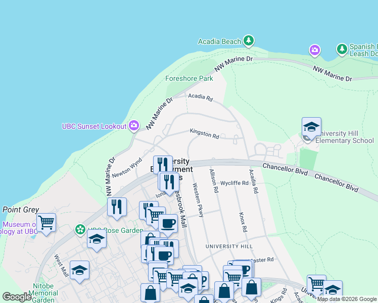 map of restaurants, bars, coffee shops, grocery stores, and more near 1562 Western Crescent in Vancouver