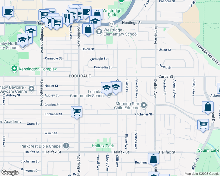 map of restaurants, bars, coffee shops, grocery stores, and more near 6960 Napier Street in Burnaby
