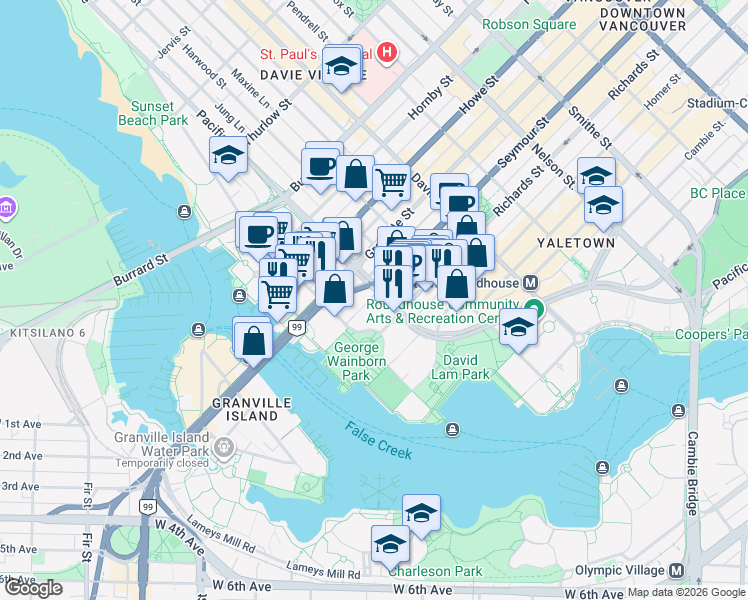 map of restaurants, bars, coffee shops, grocery stores, and more near 550 Pacific Street in Vancouver