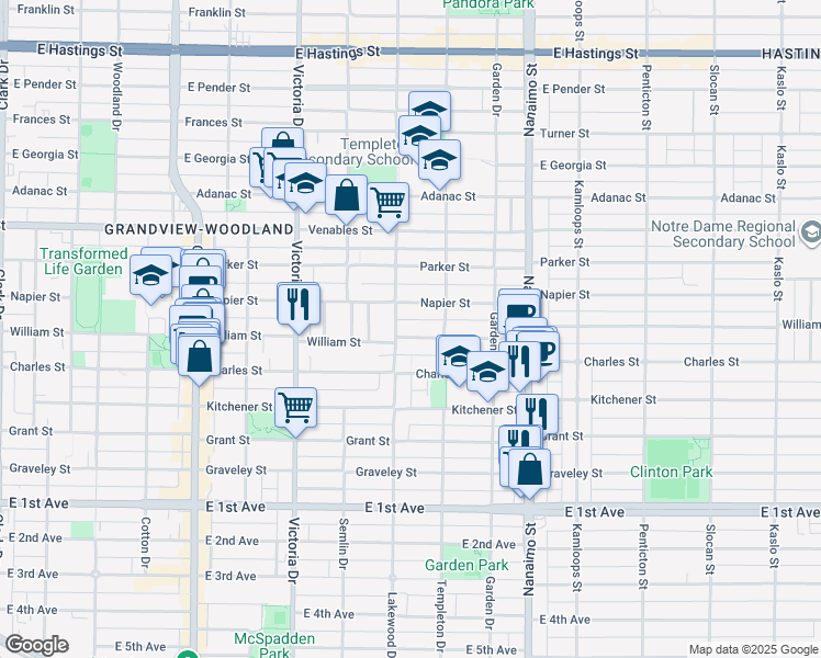 map of restaurants, bars, coffee shops, grocery stores, and more near 2123 William Street in Vancouver