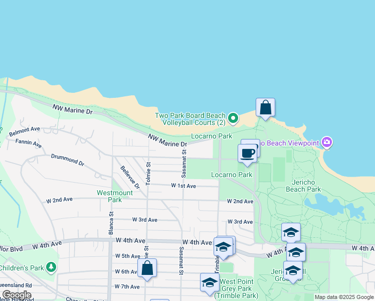 map of restaurants, bars, coffee shops, grocery stores, and more near 1444 Sasamat Street in Vancouver
